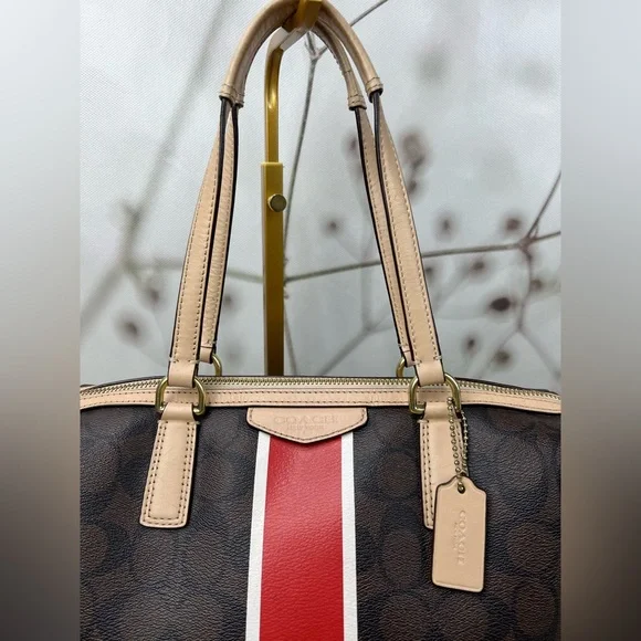 Coach Signature Stripe Red and White Center Stripe Nancy Satchel - Picture 4 of 14